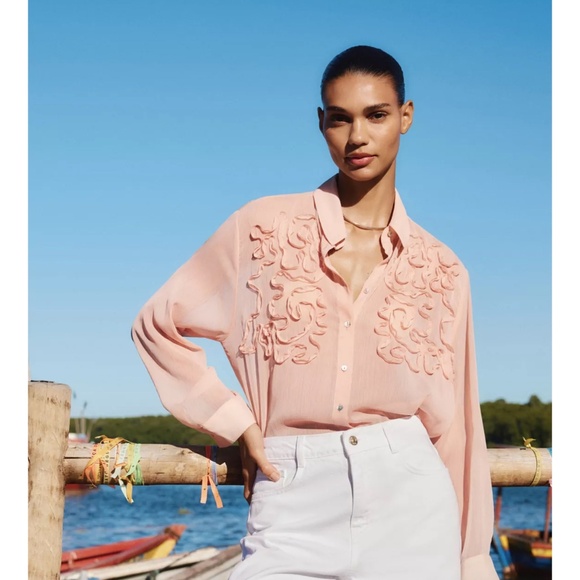 NWT Zara Textured Front Blouse in Blush Sz. L - Picture 1 of 7